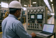 Fortinet OT Cybersecurity Report: 53% of Industrial Orgs Now Under CISO An industrial engineer in a hard hat stands beside a control panel with dials and a laptop in a brightly lit plant.