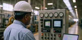 An industrial engineer in a hard hat stands beside a control
