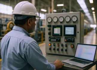 Fortinet OT Cybersecurity Report: 53% of Industrial Orgs Now Under CISO An industrial engineer in a hard hat stands beside a control panel with dials and a laptop in a brightly lit plant.
