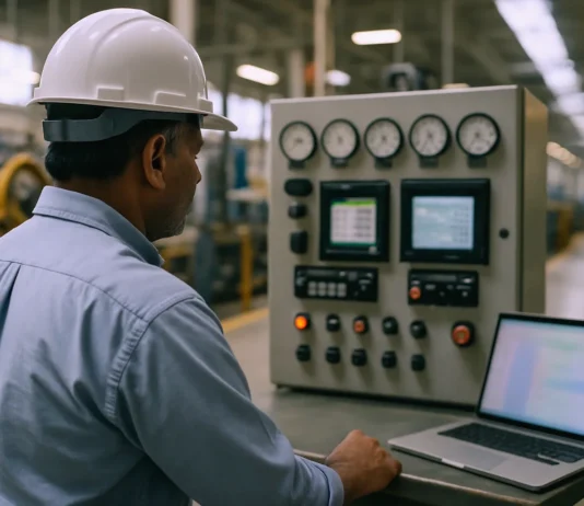 An industrial engineer in a hard hat stands beside a control panel with dials and a laptop in a brightly lit plant.