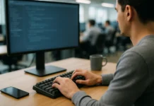 Shadow AI Tools: 80% of Employees Use Them, Only 12% of Companies Govern Them Close-up of a developer's hands on a mechanical keyboard, with a monitor displaying code and a coffee mug nearby.