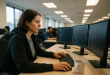 Vercel Breach: How OAuth Sprawl Turned a Forgotten AI App Trial Into a Supply Chain Pivot A woman in a hoodie sits at a desk with multiple monitors, focused on coding in a bright, open office space.