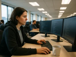 Vercel Breach: How OAuth Sprawl Turned a Forgotten AI App Trial Into a Supply Chain Pivot A woman in a hoodie sits at a desk with multiple monitors, focused on coding
