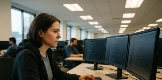 Vercel Breach: How OAuth Sprawl Turned a Forgotten AI App Trial Into a Supply Chain Pivot A woman in a hoodie sits at a desk with multiple monitors, focused on coding