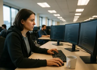 A woman in a hoodie sits at a desk with multiple monitors, focused on coding in a bright, open office space.
