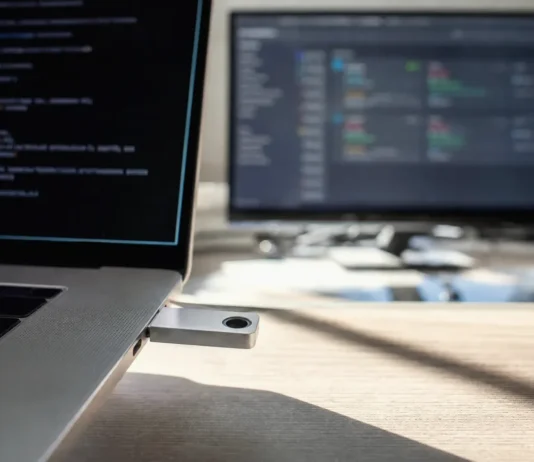 Unit 42: Edge Exploits Lead September 2026 Initial Access Vectors Close-up of a hardware security key being inserted into a laptop's USB-C slot on a brightly lit desk.