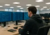A SOC analyst in a hoodie sits at a three-monitor