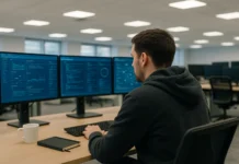 A SOC analyst in a hoodie sits at a three-monitor