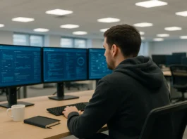 A SOC analyst in a hoodie sits at a three-monitor