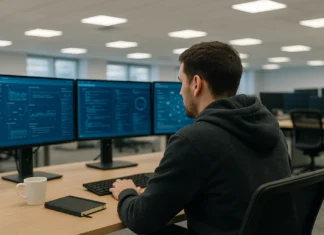A SOC analyst in a hoodie sits at a three-monitor