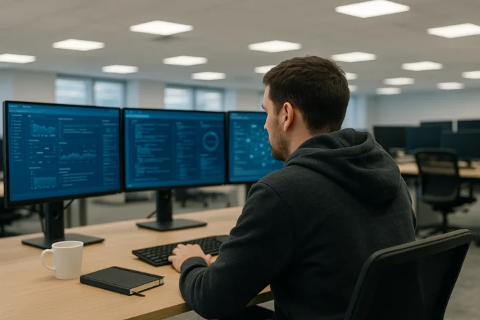 A SOC analyst in a hoodie sits at a three-monitor A SOC analyst in a hoodie sits at a three-monitor