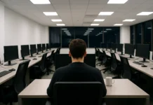 Microsoft on AI Incident Response: Same Playbook, New Watch Period View from inside a security operations center, showing empty workstations and one seated operator with a mug.