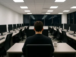 View from inside a security operations center, showing empty workstations