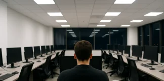 View from inside a security operations center, showing empty workstations