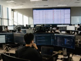 Brightly lit SOC operations floor with multiple monitors, showing a cloud monitoring console, viewed from the back of the room.