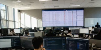Unit 42: 72-Minute Breach Exposes SOC Detection Response Time Gap Brightly lit SOC operations floor with multiple monitors, showing a cloud monitoring console, viewed from the back of the room.