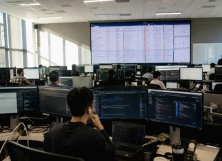 Unit 42: 72-Minute Breach Exposes SOC Detection Response Time Gap Brightly lit SOC operations floor with multiple monitors, showing a cloud monitoring console, viewed from the back of the room.