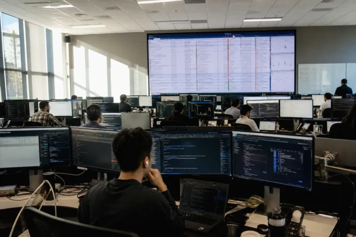 Brightly lit SOC operations floor with multiple monitors, showing a cloud monitoring console, viewed from the back of the room.
