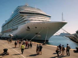 A large modern cruise ship is docked