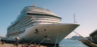 A large modern cruise ship is docked