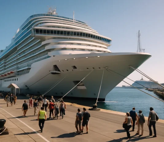 A large modern cruise ship is docked