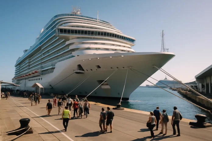 A large modern cruise ship is docked A large modern cruise ship is docked