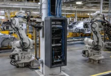 Brightly lit automotive assembly plant with rows of partially assembled vehicles on conveyor rails and robotic arms in the foreground.