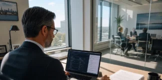 A CISO-level executive in business attire sits at a desk, reviewing a laptop