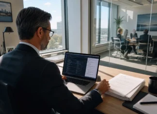 A CISO-level executive in business attire sits at a desk, reviewing a laptop with printed compliance documents nearby.