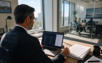 A Quarter of CISOs Considered Quitting as AI Governance Landed on Them A CISO-level executive in business attire sits at a desk, reviewing a laptop with printed compliance documents nearby.