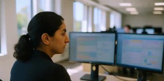 A woman sits at a workstation with two monitors displaying