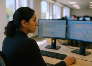 Three incident response metrics that actually predict program maturity A woman sits at a workstation with two monitors displaying data, in a bright, modern office setting.
