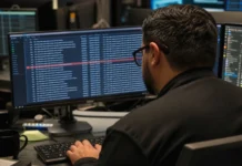 Detection Engineering Catches Ransomware Before Encryption Fires A person with glasses sits at a desk, focused on a widescreen monitor displaying text data in a bright workspace.