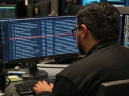 A person with glasses sits at a desk, focused on a widescreen monitor displaying text data in a bright workspace.