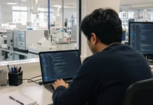 FulcrumSec Spent Two Months in Novo Nordisk Networks Before 1.3TB Theft A software developer leans over a laptop displaying code, with laboratory equipment visible through a window behind them.