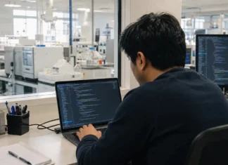 FulcrumSec Spent Two Months in Novo Nordisk Networks Before 1.3TB Theft A software developer leans over a laptop displaying code, with laboratory equipment visible through a window behind them.