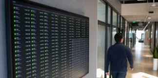 A person walks past a large wall-mounted display showing a cloud-monitoring console with active AI agent sessions.