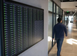 Enterprises Are Scrapping Agentic AI Pilots but Leaving Them Logged In A person walks past a large wall-mounted display showing a cloud-monitoring console with active AI agent sessions.
