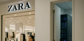 A retail store entrance at twilight, with soft interior lighting