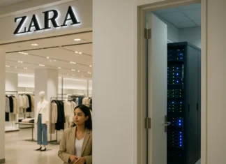 Zara Data Breach Exposes 197,400 Customers via Retired Provider Tokens A retail store entrance at twilight, with soft interior lighting and a dimly lit server rack visible through an open door.