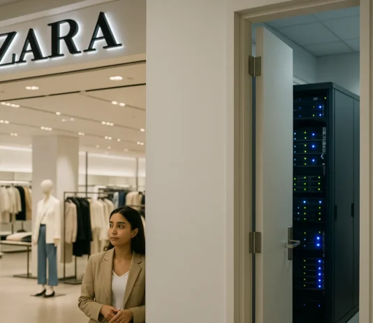 Zara Data Breach Exposes 197,400 Customers via Retired Provider Tokens A retail store entrance at twilight, with soft interior lighting and a dimly lit server rack visible through an open door.