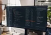 A monitor displays a code editor and AI-assistant chat panel in a modern office setting with natural light.