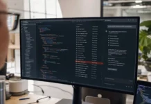 IBM’s 2026 Data Breach Report: 92% of AI Incidents Had No Access Controls A monitor displays a code editor and AI-assistant chat panel in a modern office setting with natural light.