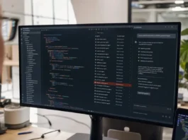 A monitor displays a code editor and AI-assistant chat panel