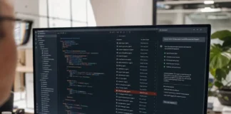 A monitor displays a code editor and AI-assistant chat panel