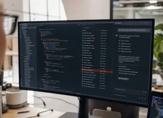 IBM’s 2026 Data Breach Report: 92% of AI Incidents Had No Access Controls A monitor displays a code editor and AI-assistant chat panel in a modern office setting with natural light.