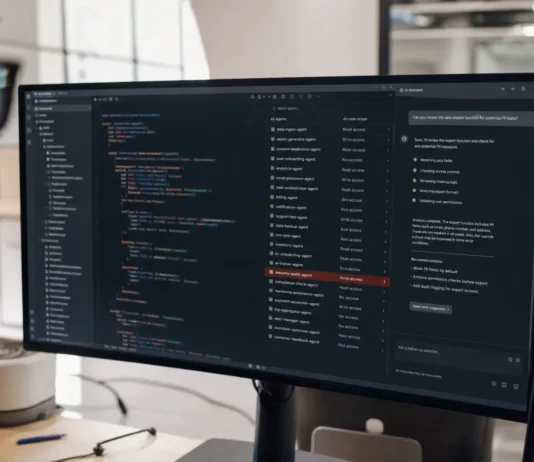 A monitor displays a code editor and AI-assistant chat panel in a modern office setting with natural light.