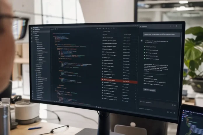 csi-f95427f775cff77a-featured A monitor displays a code editor and AI-assistant chat panel in a modern office setting with natural light.