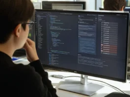A person with glasses observes a large monitor displaying a code editor,