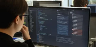 A person with glasses observes a large monitor displaying a code editor,